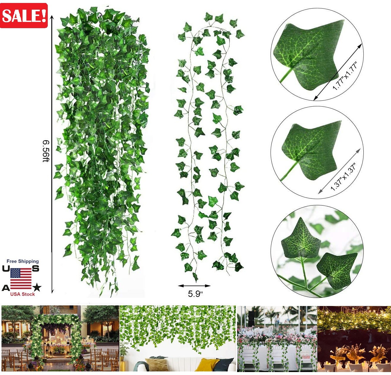 24PCS Artificial Ivy Leaf Plants Fake Hanging Garland Plants Vine Home Decor USA