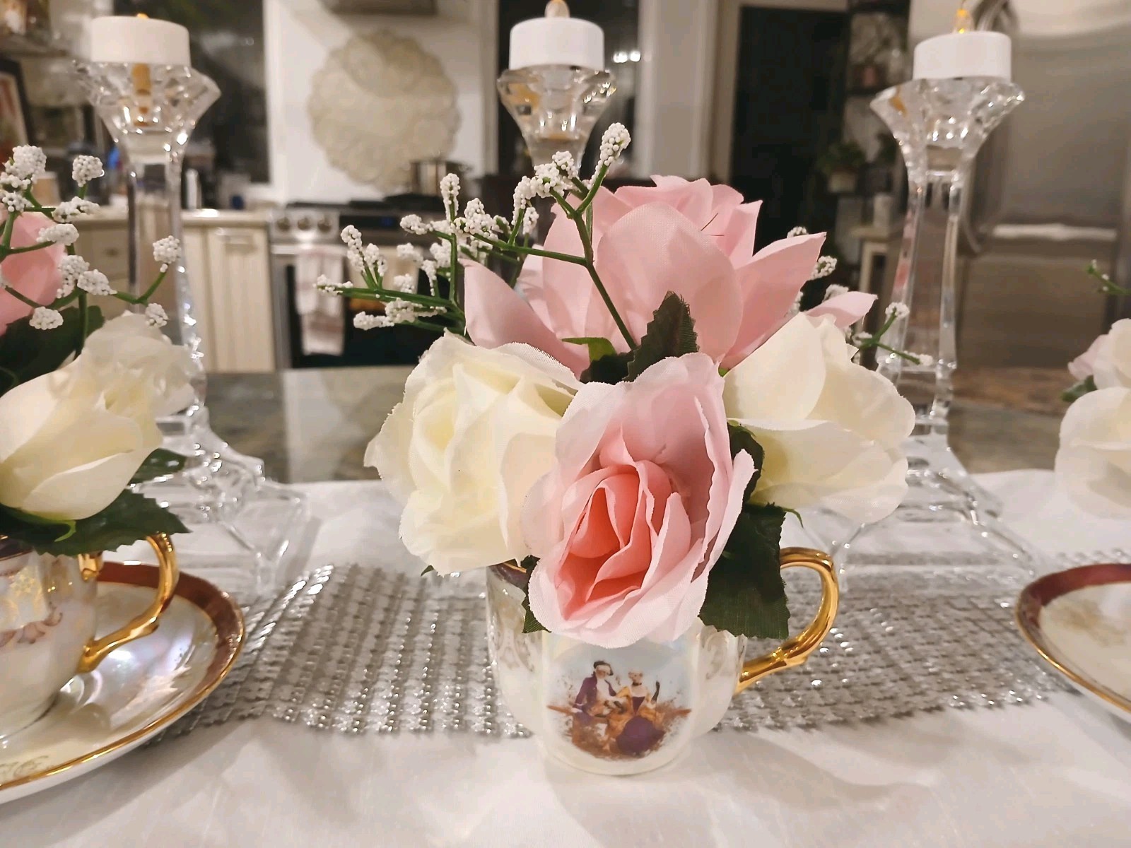 Bridal Pink & White Roses Floral Arrangement Tea Party Cup POP-IN Birthday Love