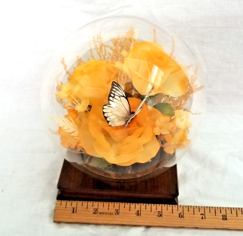 Butterfly & Yellow Rose Faux Flowers In Glass Dome Curio Display Globe 9″
