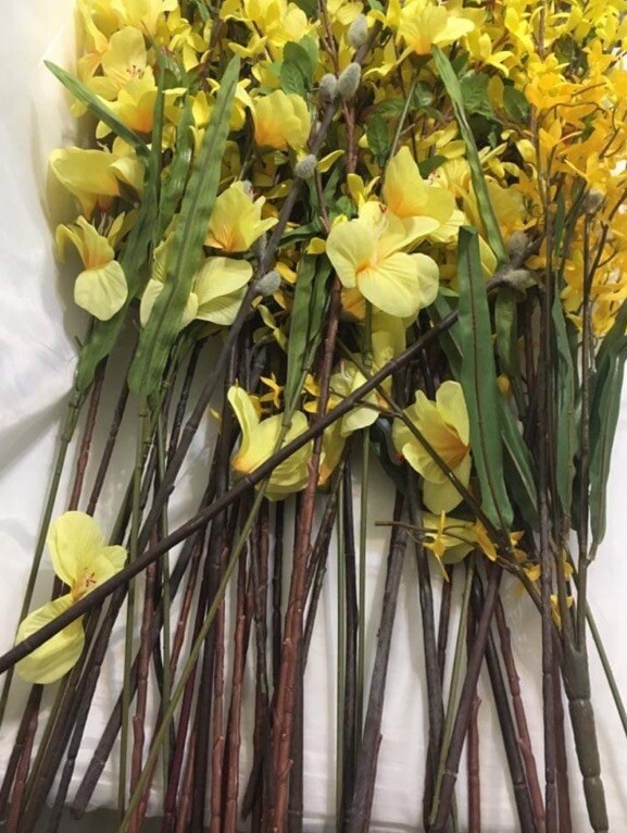 Large Lot Yellow Artificial Forsythia Bushes/ Stamps W/Green 36”Tall Fall Decor