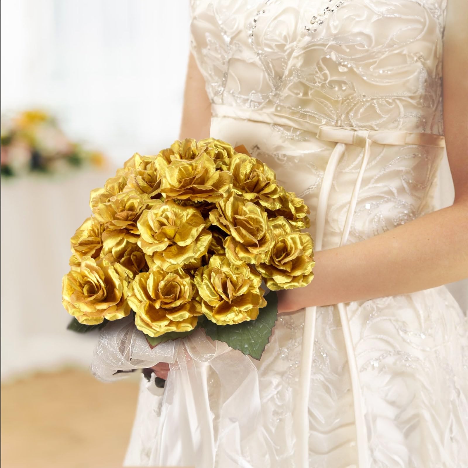 100 Pcs 3.5 Inch Gold Artificial Rose Heads with Stems, Silk Rose Faux Flower…