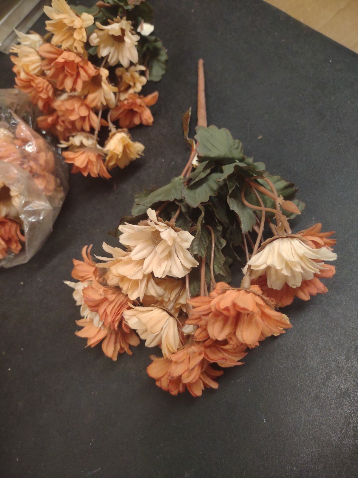 10″ Vintage Silk Mini Daisy Bush, 9 Stems, Caramel, Cream, & Peach Fall Daisies