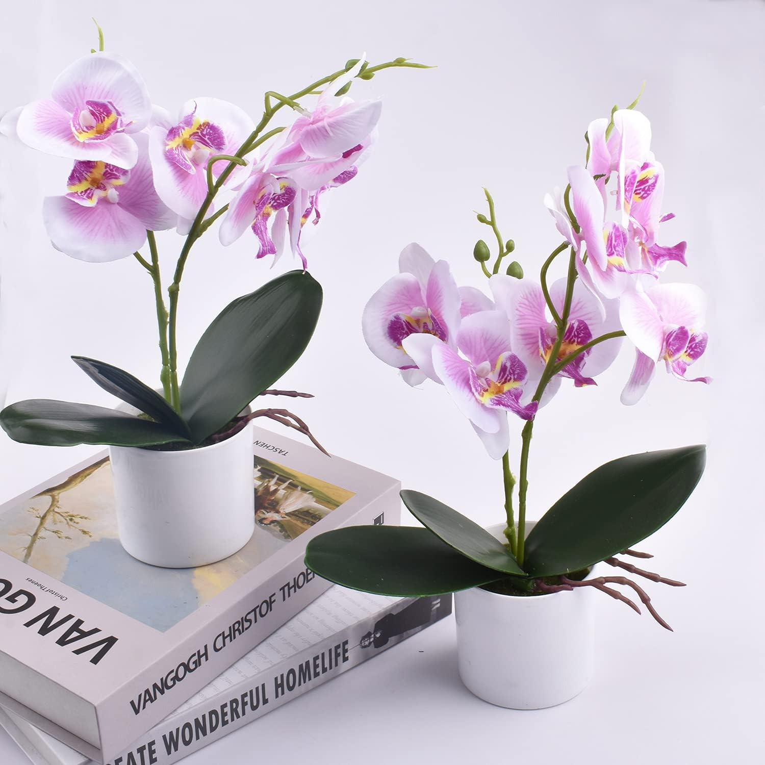 Artificial Orchid Flowers, 2 Pieces Potted Fake Orchids with Plastic Vase for Ta