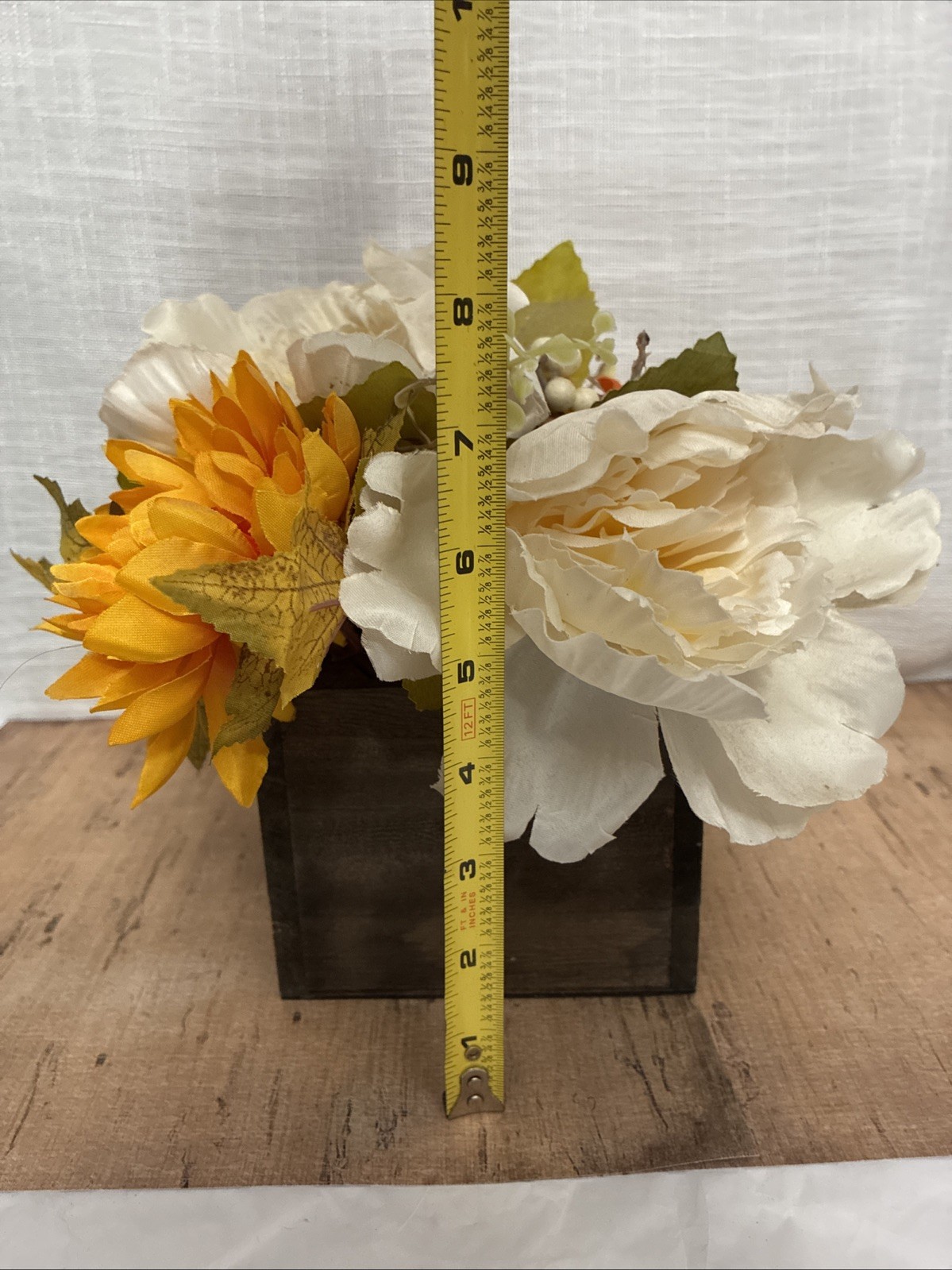 Faux Floral Arrangement In Wood Box Multicolor White, Yellow, Orange 5” Box 9”T