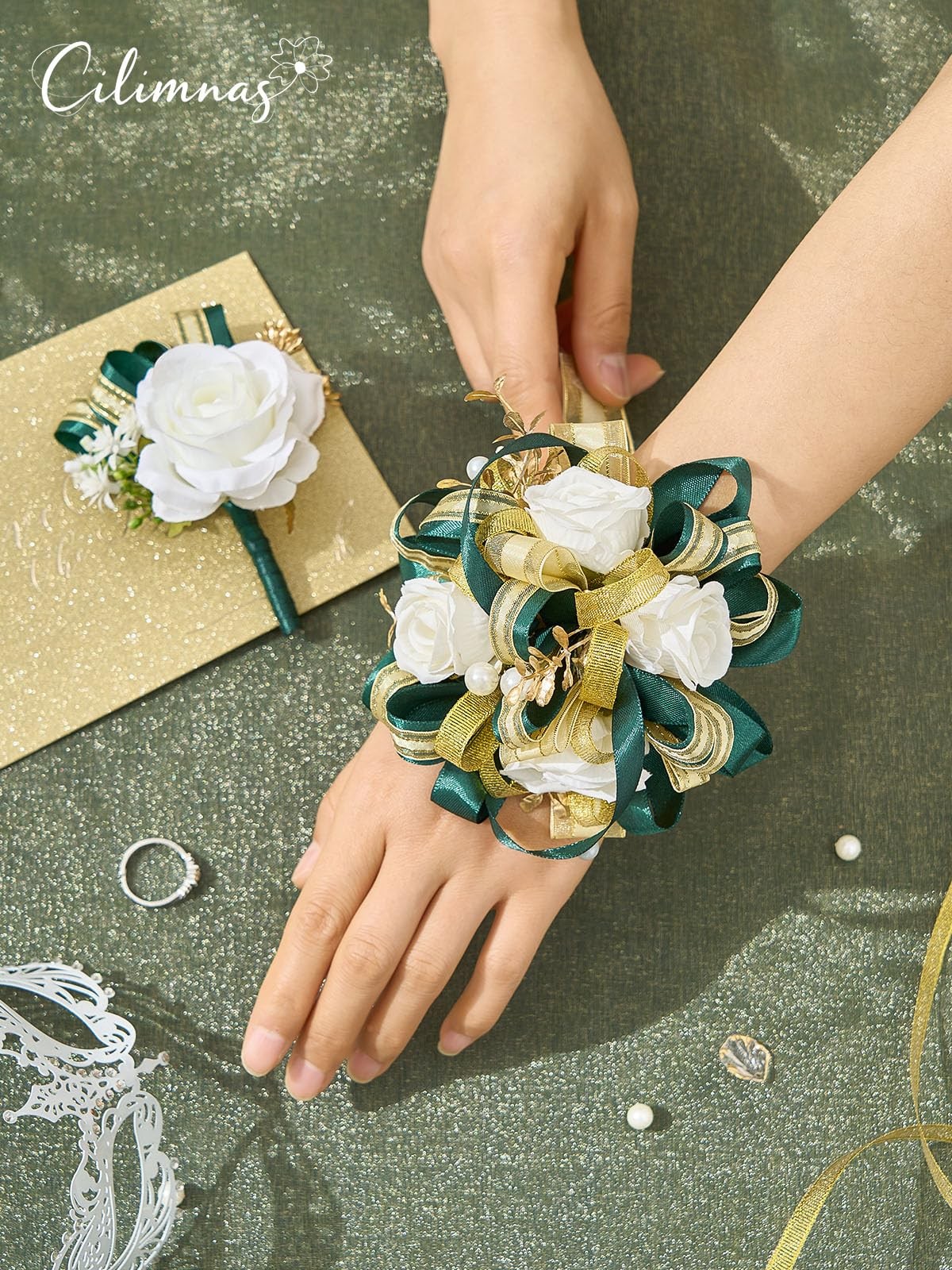 Prom Corsage Boutonniere Set Artificial Silk Ivory Rose Dark Green Ribbon