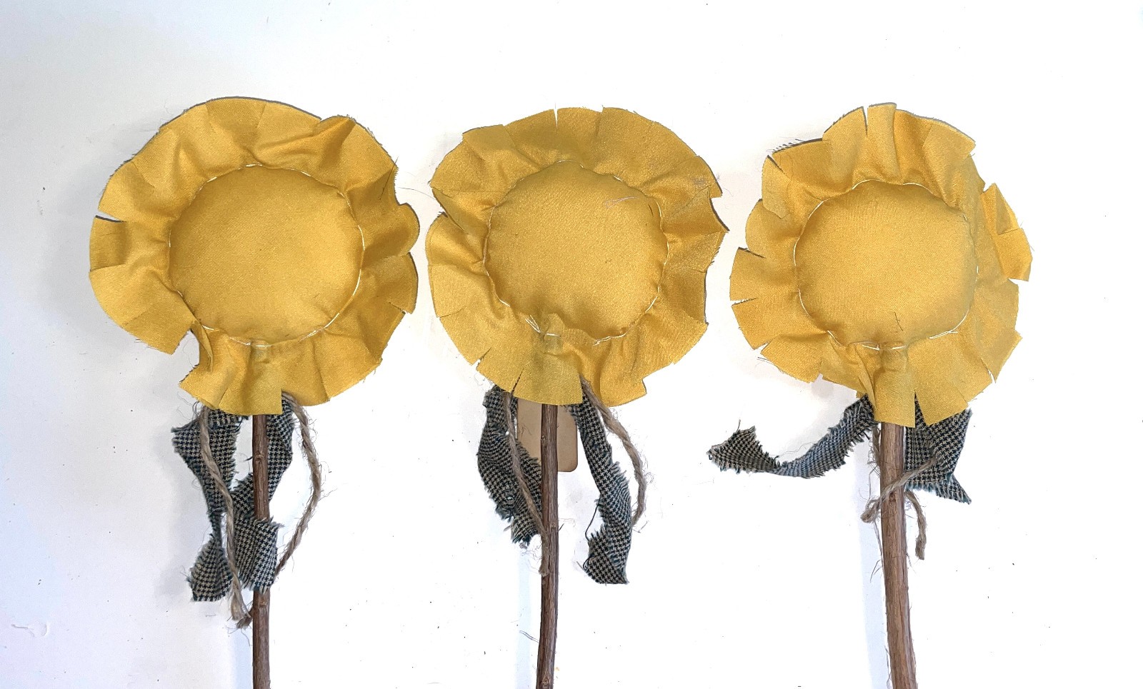 3 Handmade Primitive-Style Fabric Sunflower Flowers Floral Picks Pokes 12-13″