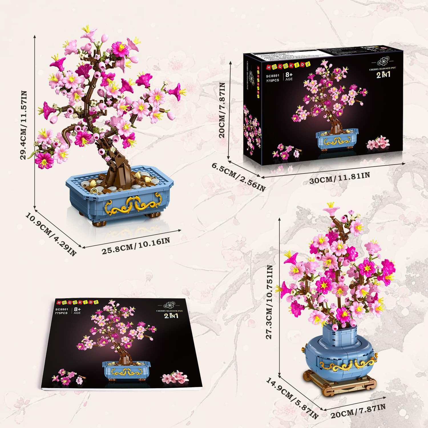 Flowers Cherry-Blossom Bonsai Building Set – 2 in 1 Artificial Bonsai Tree Plant