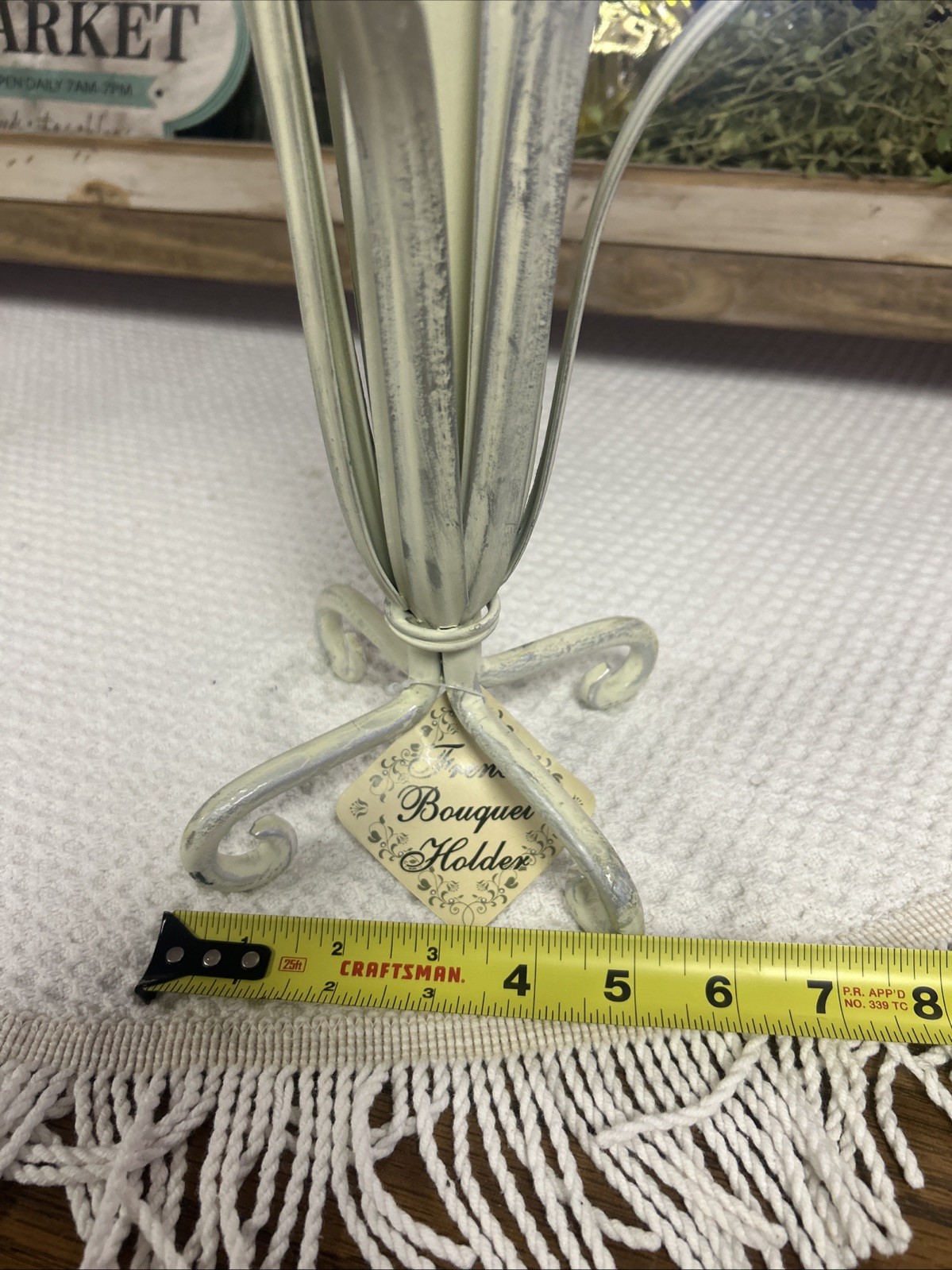 Vintage French Bouquet Holder Aged White Metal Displayer For Floral Cottage New