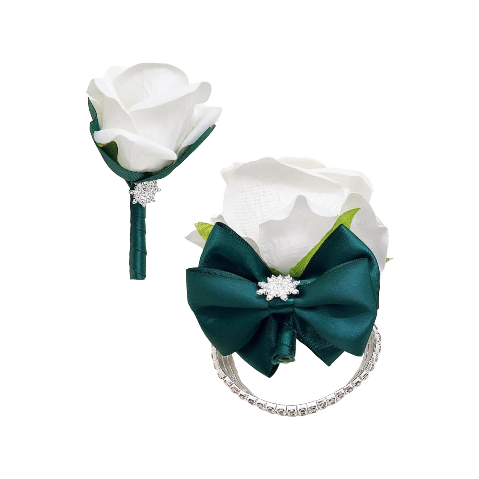 Green Corsage Boutonniere Set Elegant Artificial Rose Flower Prom Wedding