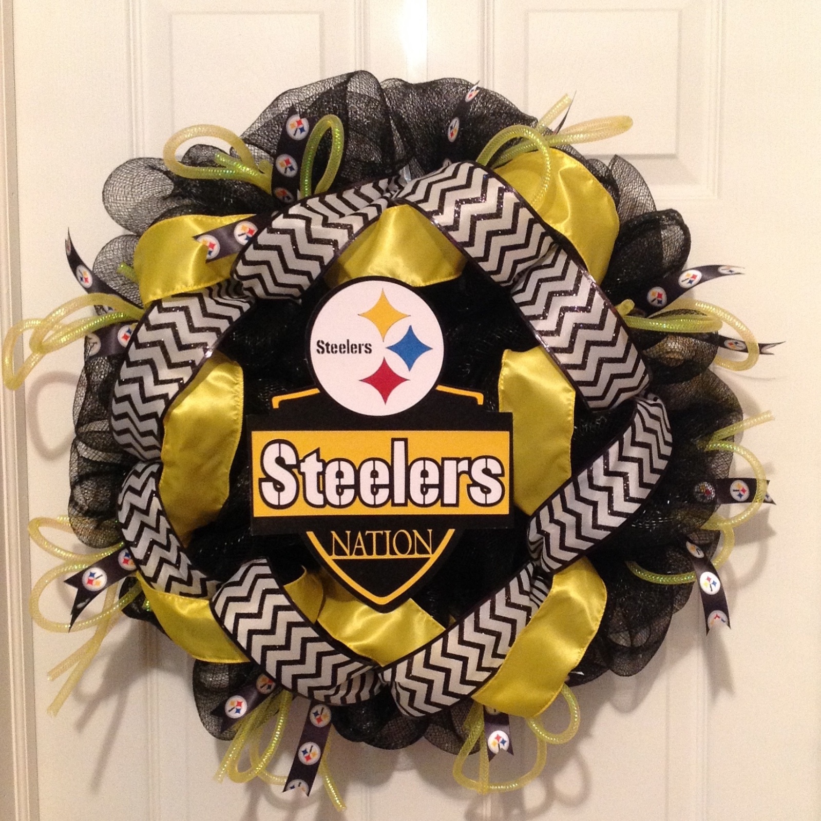 Handmade Pittsburgh Steeler black and yellow/gold football deco mesh wreath