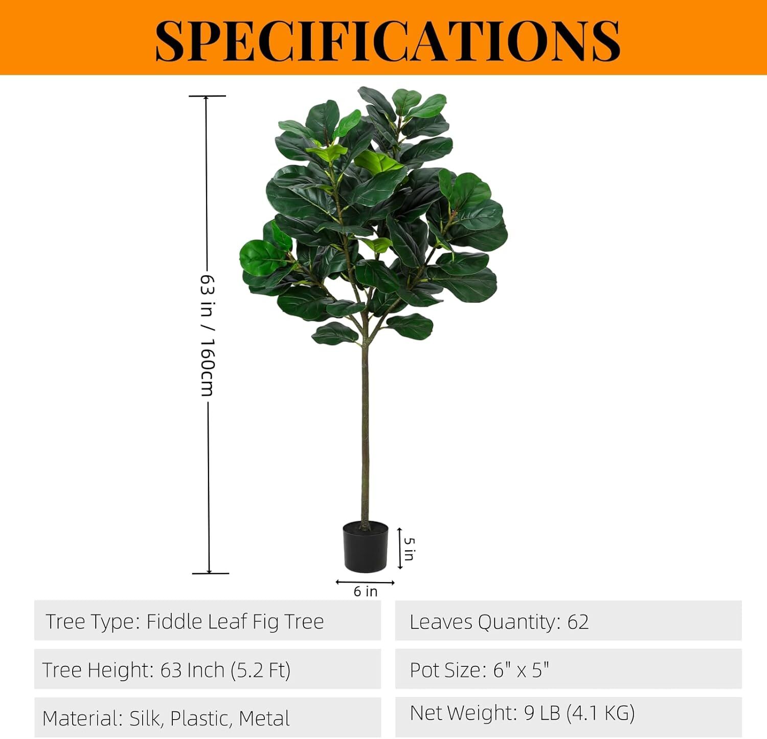 Artificial Fiddle Leaf Fig Tree 5.2ft Faux Ficus Lyrata Plants in Pot Decor