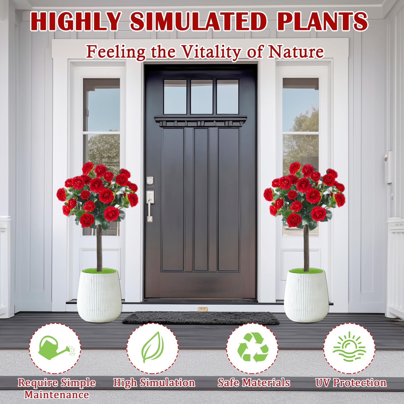 Sunnyglade 35.5″ Set of 2 Artificial Camellia Tree, Faux Red Camellia Flowers…