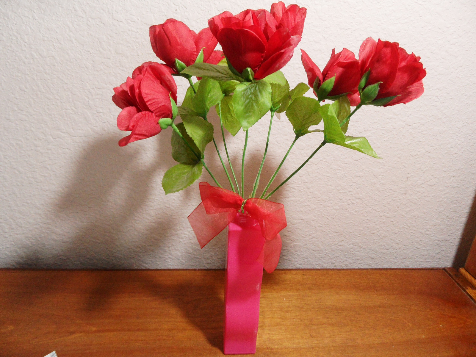 Valentine Artificial Red Bud Rose Bushes in Pink IKEA Vase with red Bow