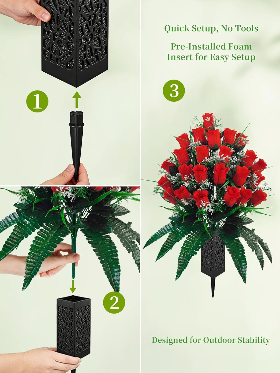 Set of 2 Cemetery Flowers for Grave with Spiked Vases, 24-Stem Red Artificial Ro