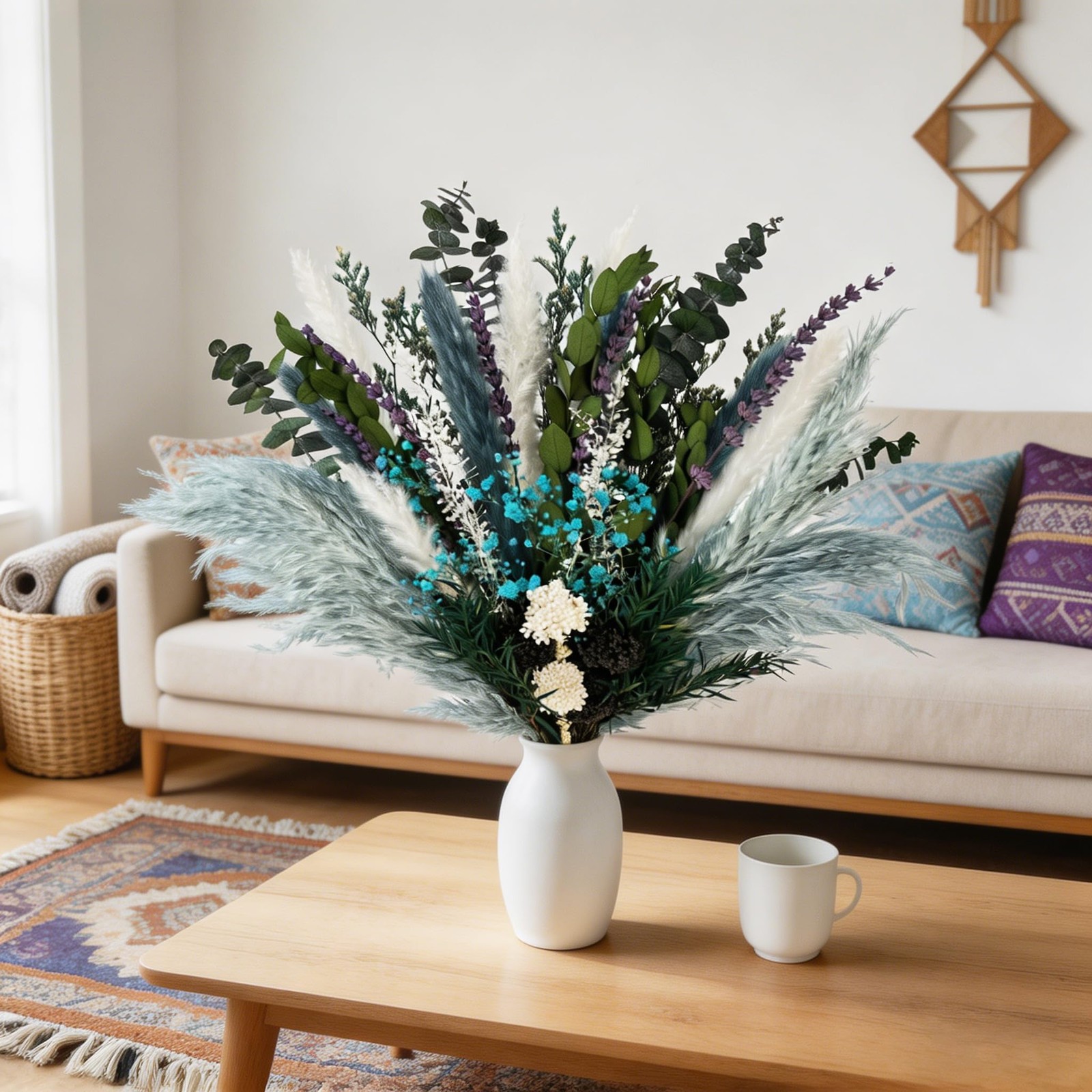 Dried Flower Bouquet 17″ Teal Pampas Eucalyptus Lavender Boho Rustic Decor
