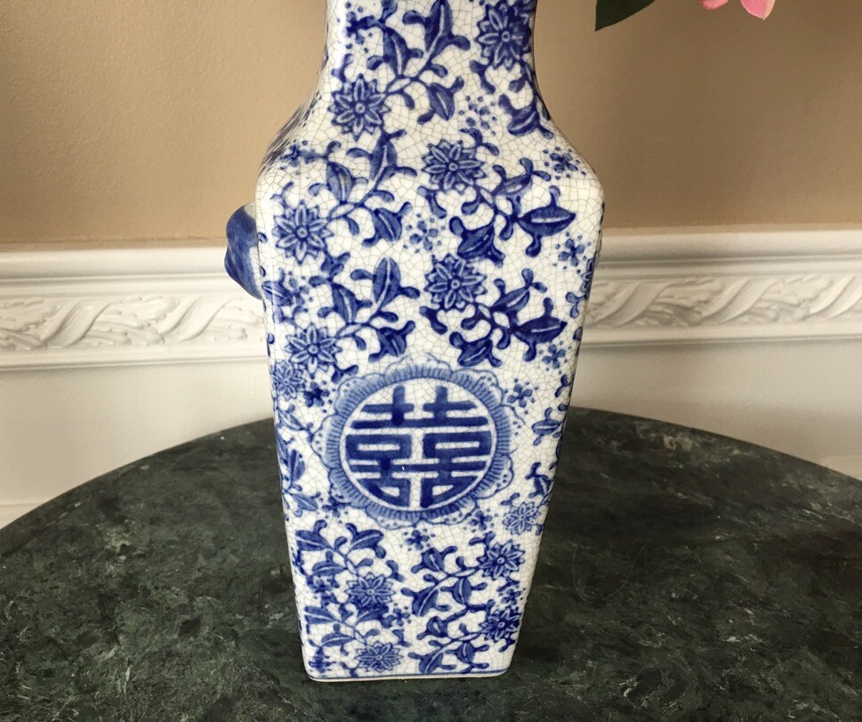 Chinese Blue White Double Happiness Vase Artificial White, Purple Pink Flowers