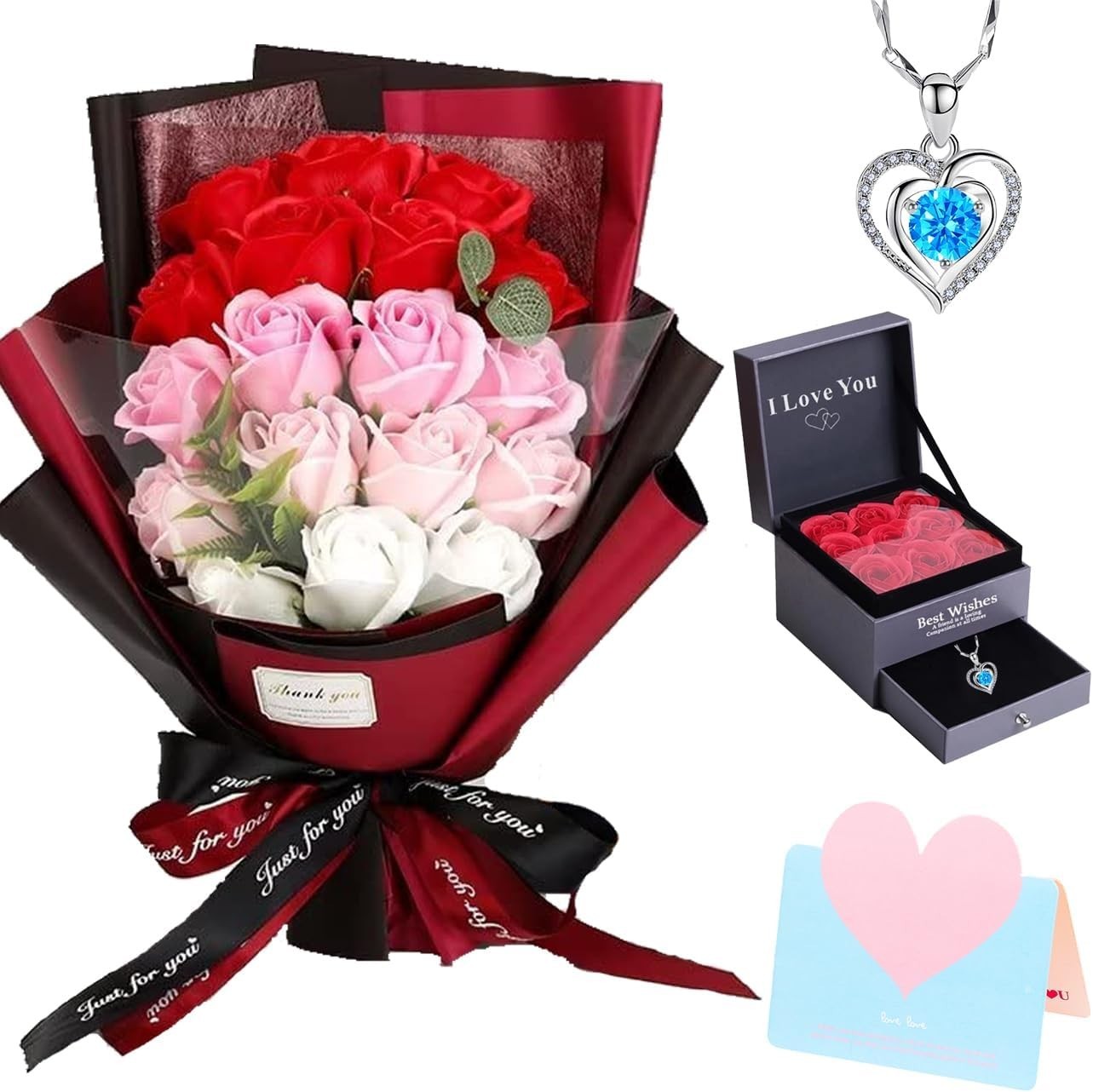 Roses Bouquet Artificial Flower – Preserved Red Rose Flowers with Love Necklace