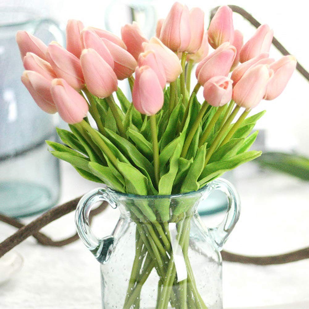 10 PCS Artificial Flowers Real Touch Mini PU Tulips Bouquet Pink Decor