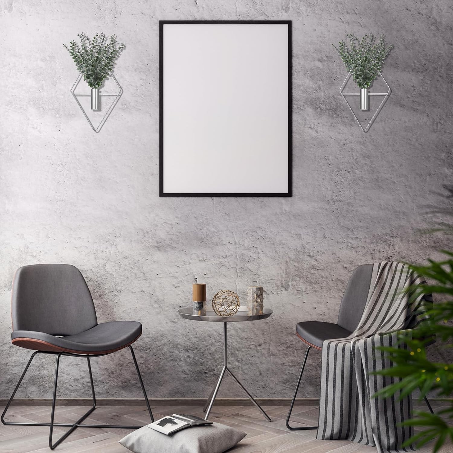 4 Pcs Hanging Planters with Artificial Eucalyptus Chrome Silver Wall Decor Metal
