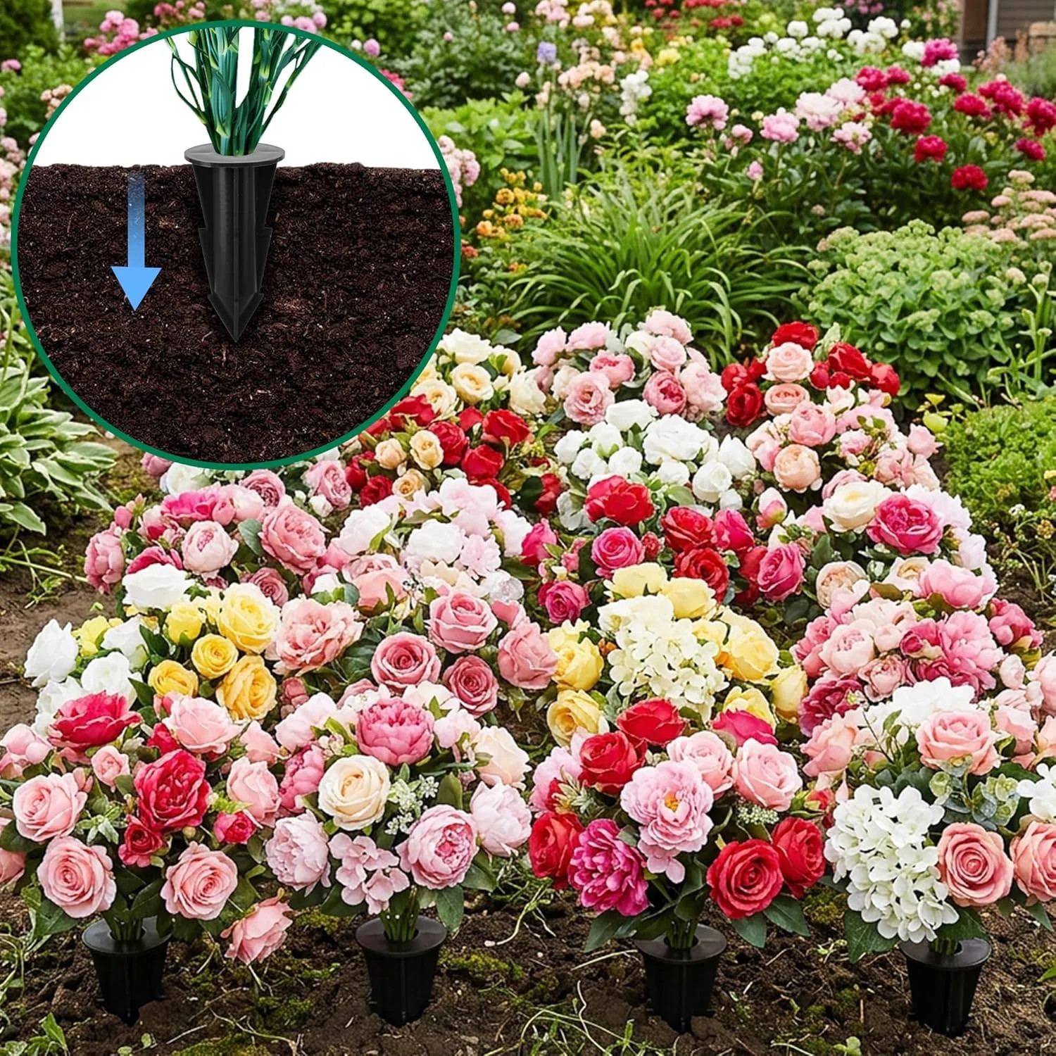 4 Pcs Memorial Artificial Flower Holder, Patio Garden Floral Ground Spikes, Ceme