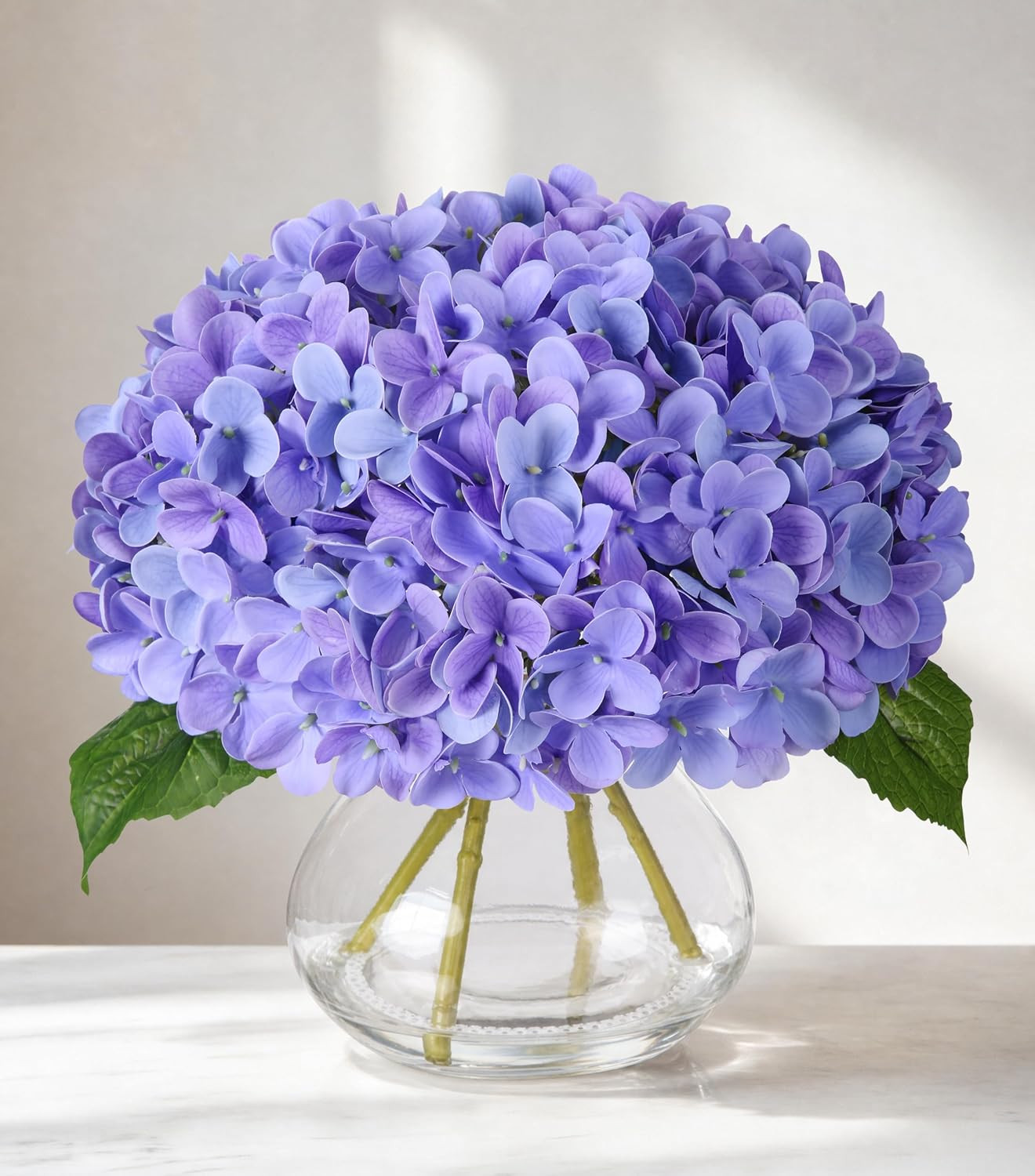 Purple Real Touch Faux Hydrangea in Glass Vase – No Watering Needed Decor