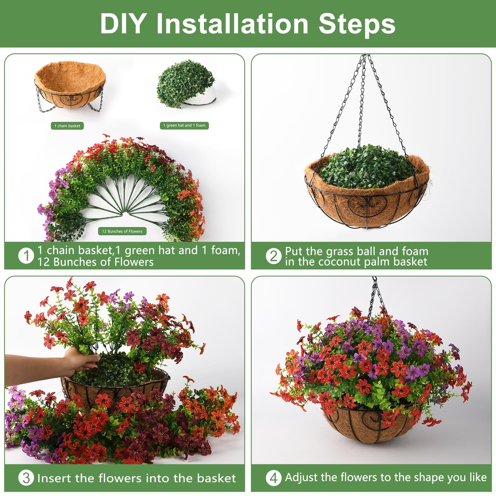 INQCMY Artificial Flowers Fake Plants with Hanging Basket for Outdoors 12 Pcs