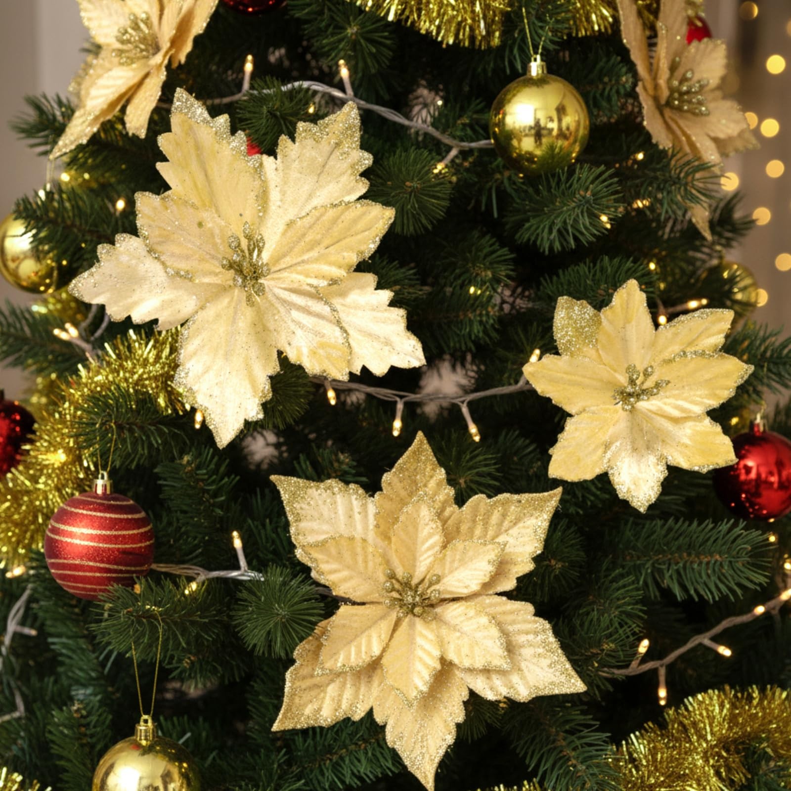 24 PCS Gold Glitter Poinsettia Flowers 5.91/3.94 Inch Velvet Xmas Decor