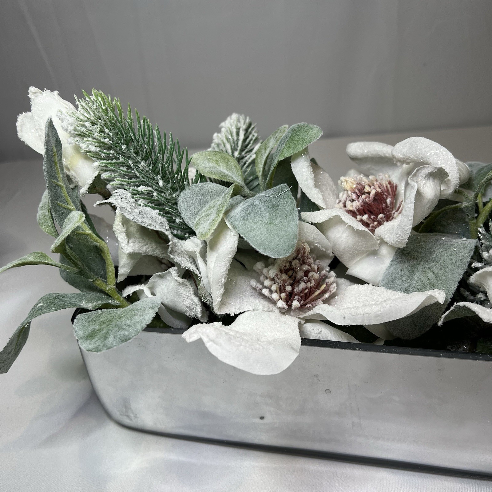Christmas Magnolia Table Centerpiece Silver Planter Frosted Foliage $75 Winter