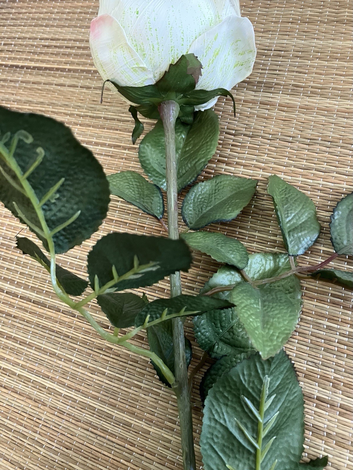 Vintage French 90’s Artificial Pale Green & Pink ROSE Flower w/ Leaves Long Stem