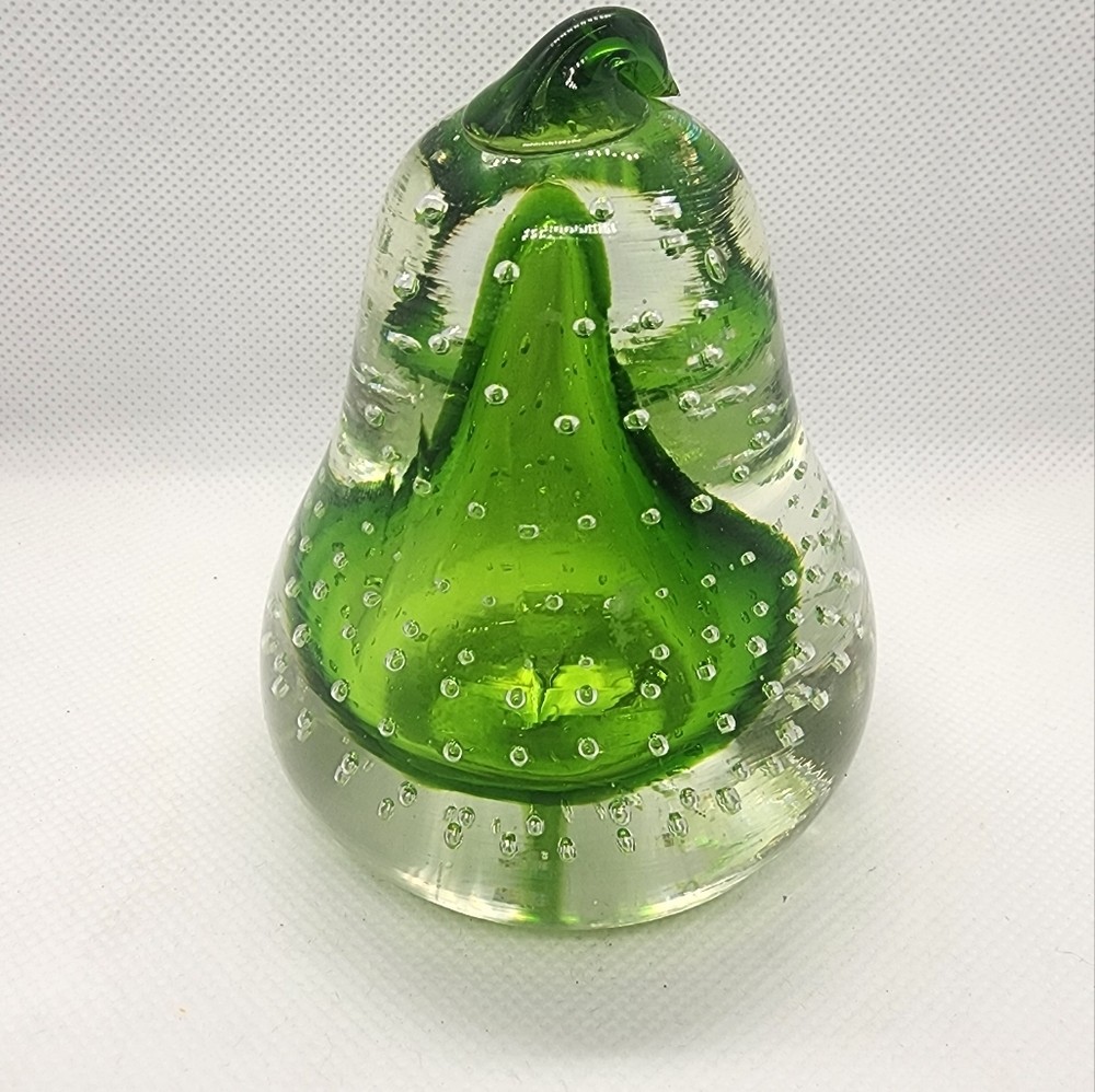 Glass Paperweight Pear Shape Green & Clear Glass with Air Bubbles