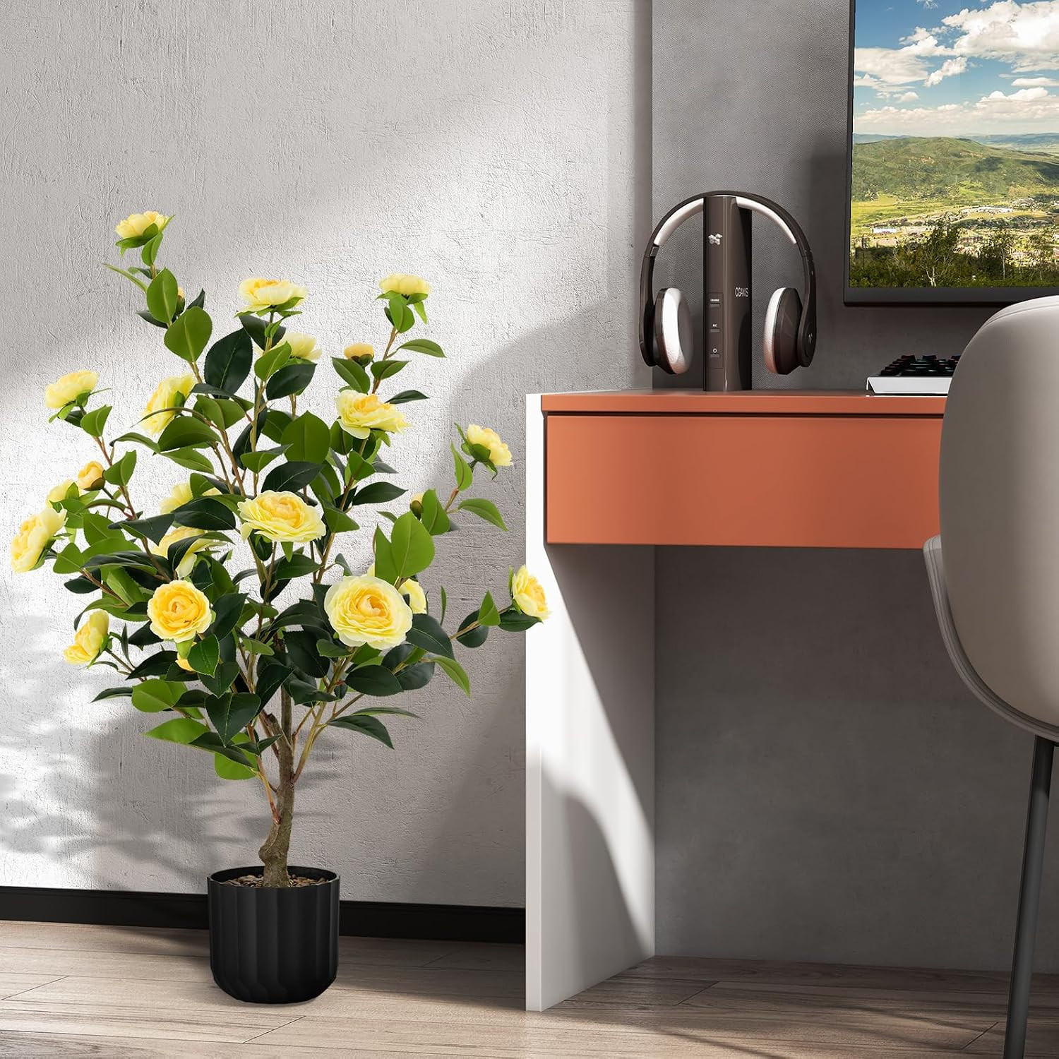 38” Artificial Camellia Tree 2 Packs, Faux Camellia Plant in Pot with 24 Flowers