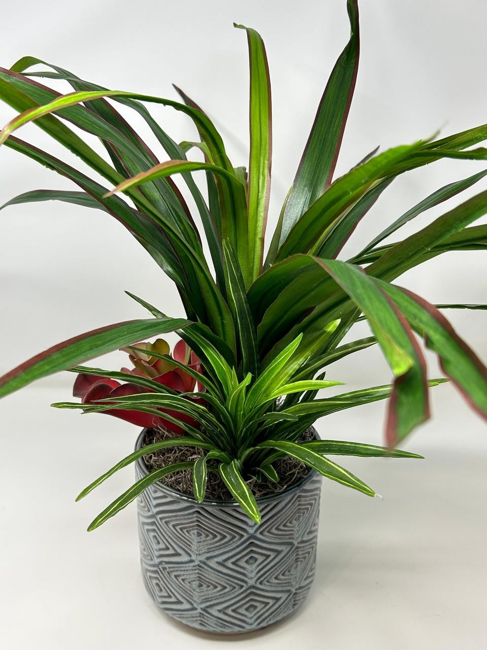 20″ Lg Faux Green-Red YUCCA Silk plant, Red Kalanchoe, Dracaena in Ceramic blue-