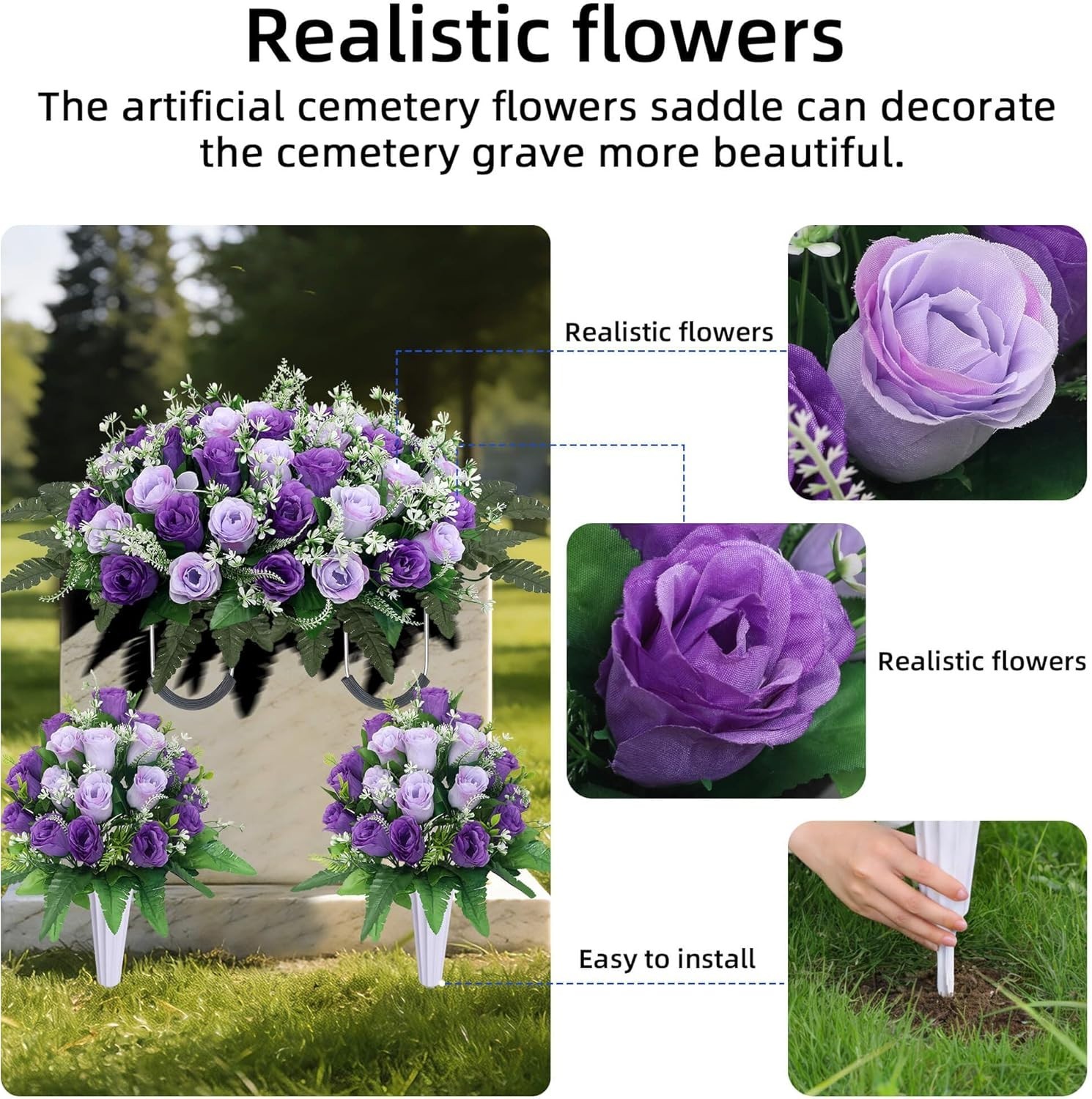 3 Sets Cemetery Flowers for Grave,Headstone Flower Saddle,Grave Memorial ….