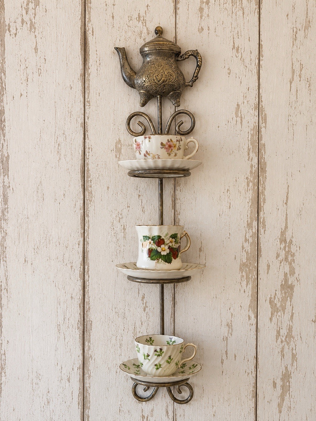 Metal Flower Pot Tea Cup/Saucer Holder Wall Mount Bracket Teapot Design