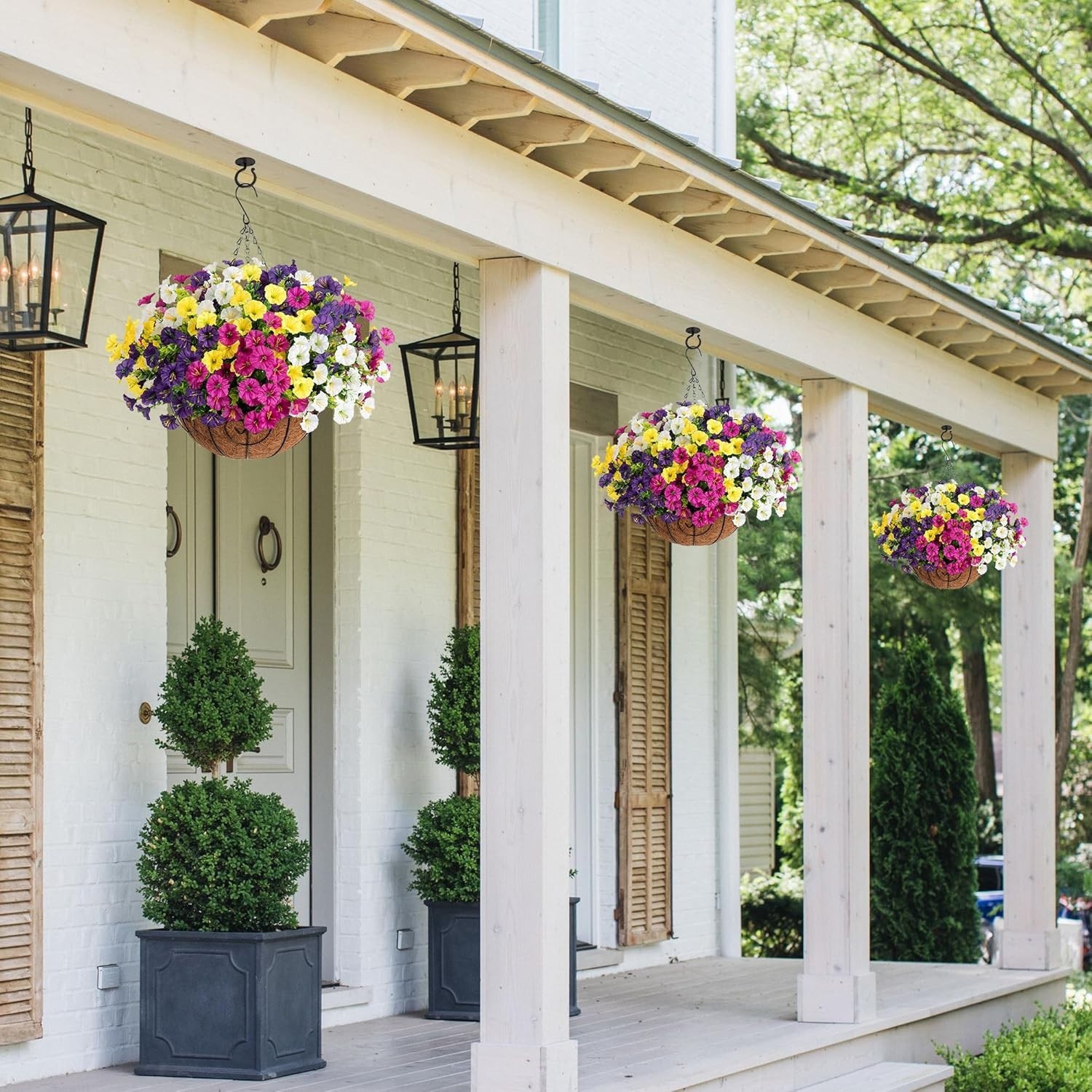 2 Set Artificial Fake Hanging Flowers Plants Baskets for Outdoors Spring outside