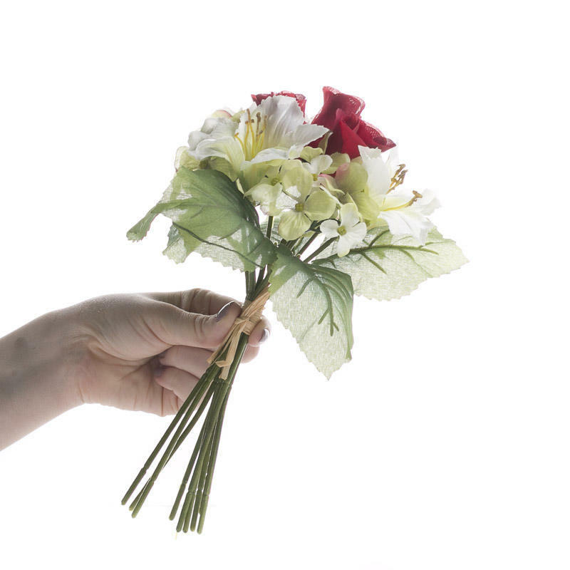 Mini Imitation Silk Soft Green Hydrangea with Rich Red Rosebud Center Bouqu