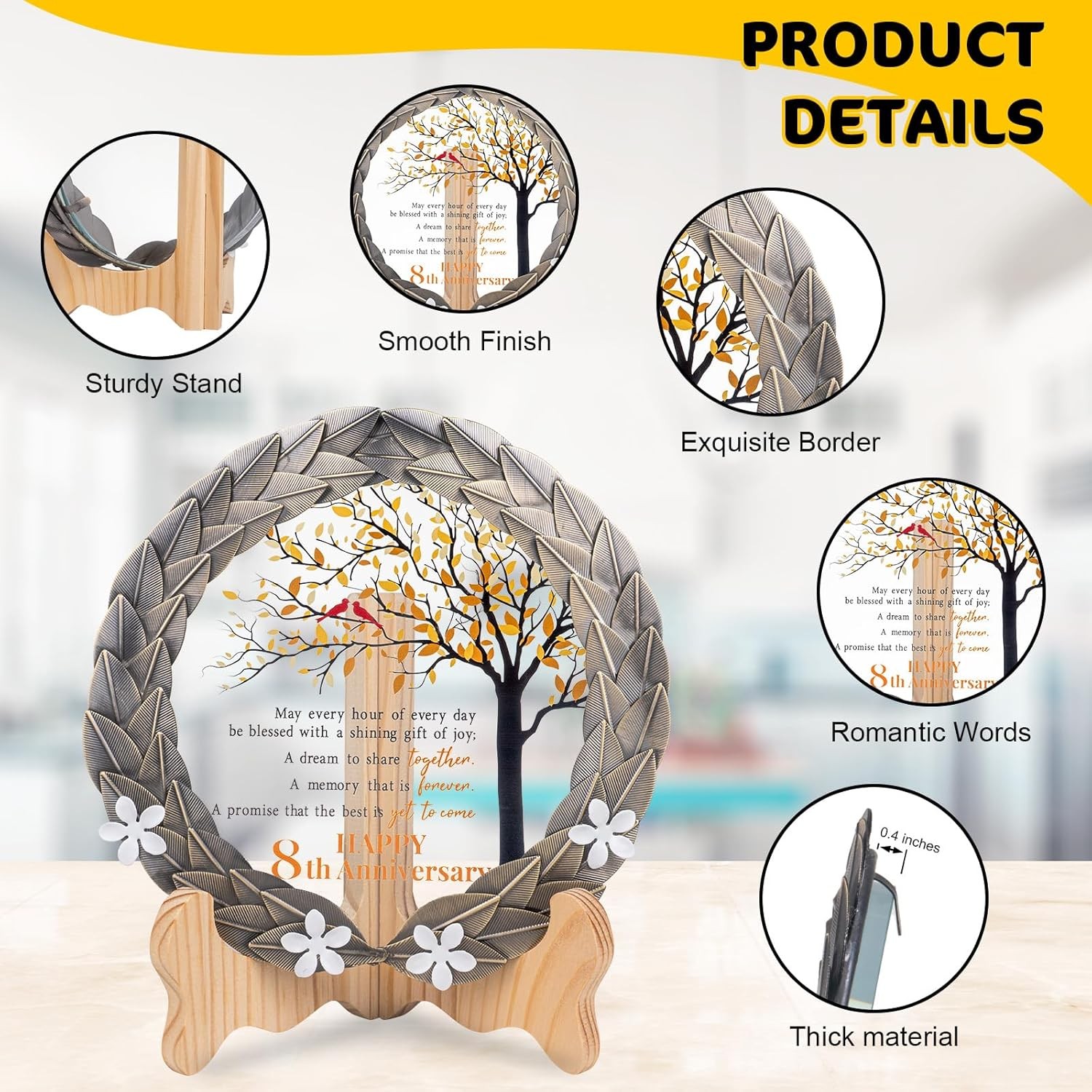 8th Anniversary Wedding Gifts Crystal Plate with Bronze Leaf Wreath – 8 Years