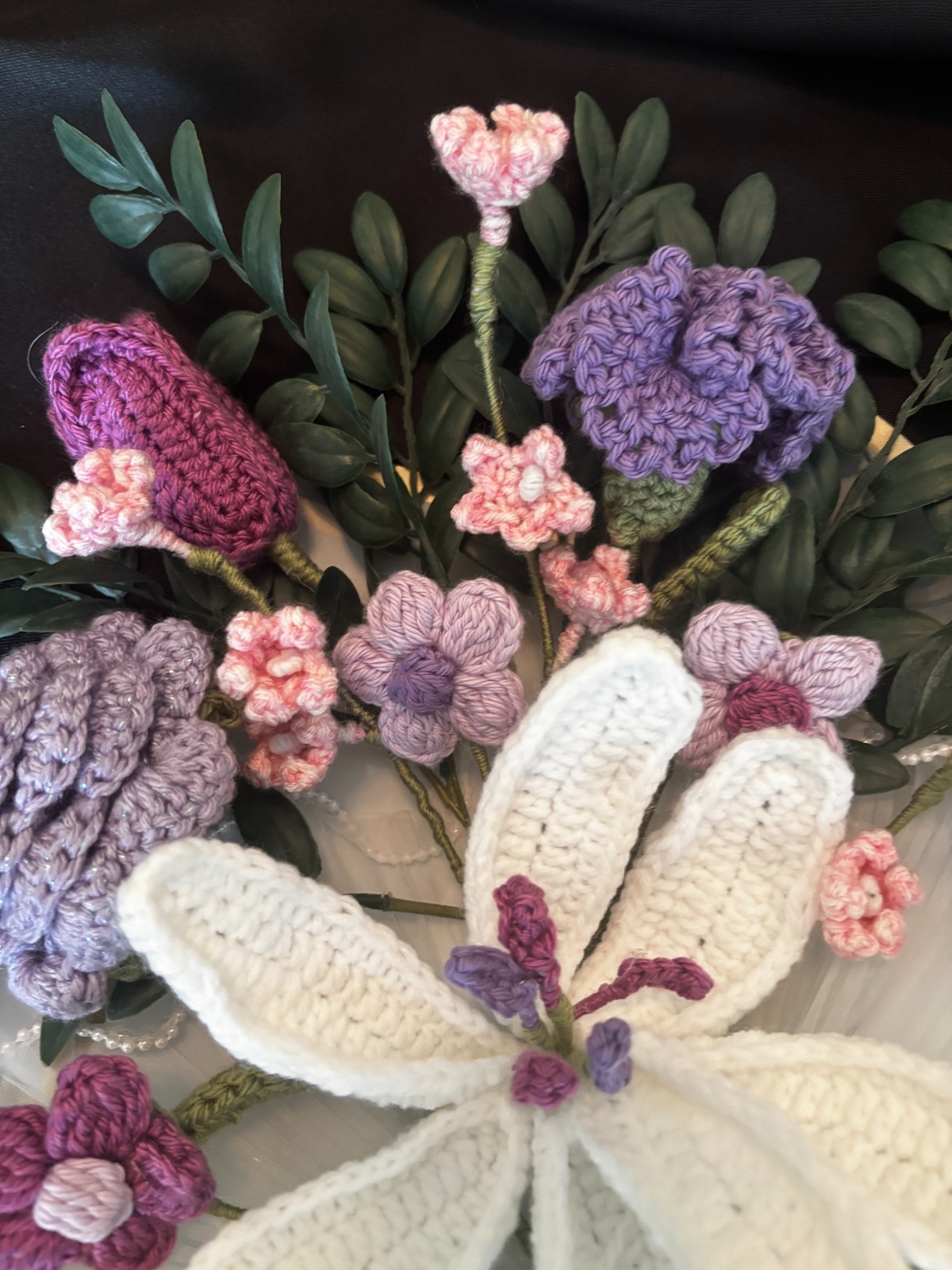Hand Crocheted Flower Bouquet Purple Pink Burgandy Rose Lily Carnation Gift