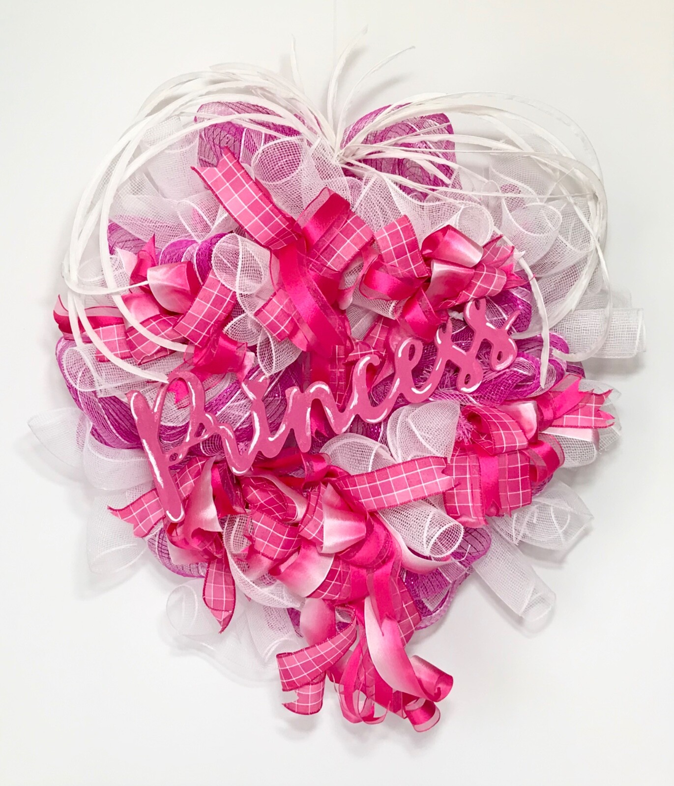 LARGE BRIGHT PINK WHITE DECO MESH PRINCESS WOOD SIGN DOOR WREATH GIRL ROOM NEW