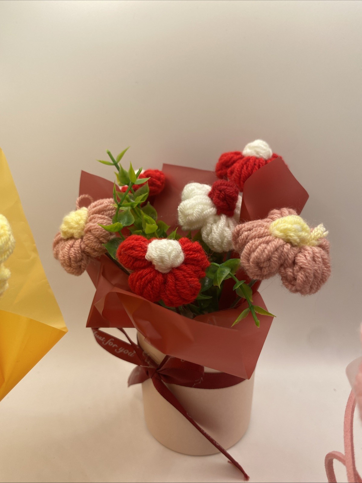 Crochet Flower Bouquet Handmade Yarn Artificial Flower (pink, Red, or Yellow)