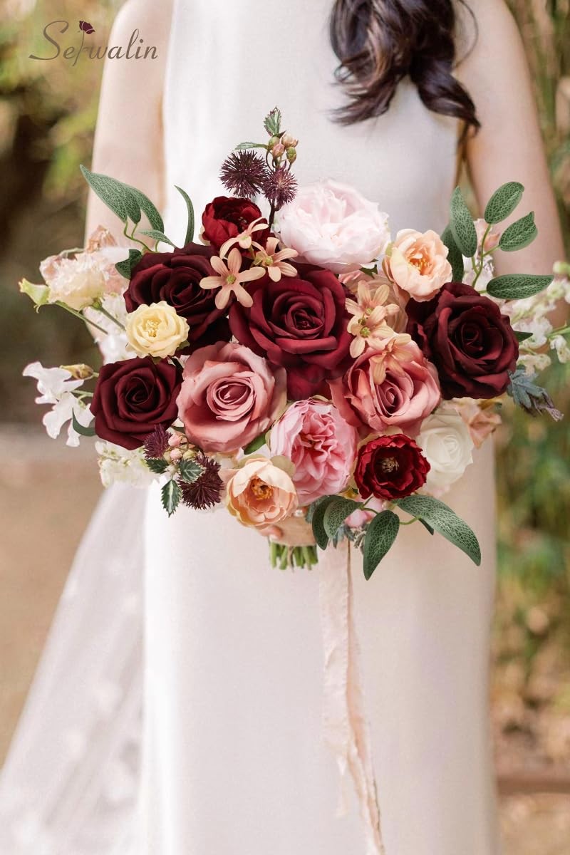 Artificial Flower Burgundy Pink Roses Silk Fake For DIY Wedding Bouquet New