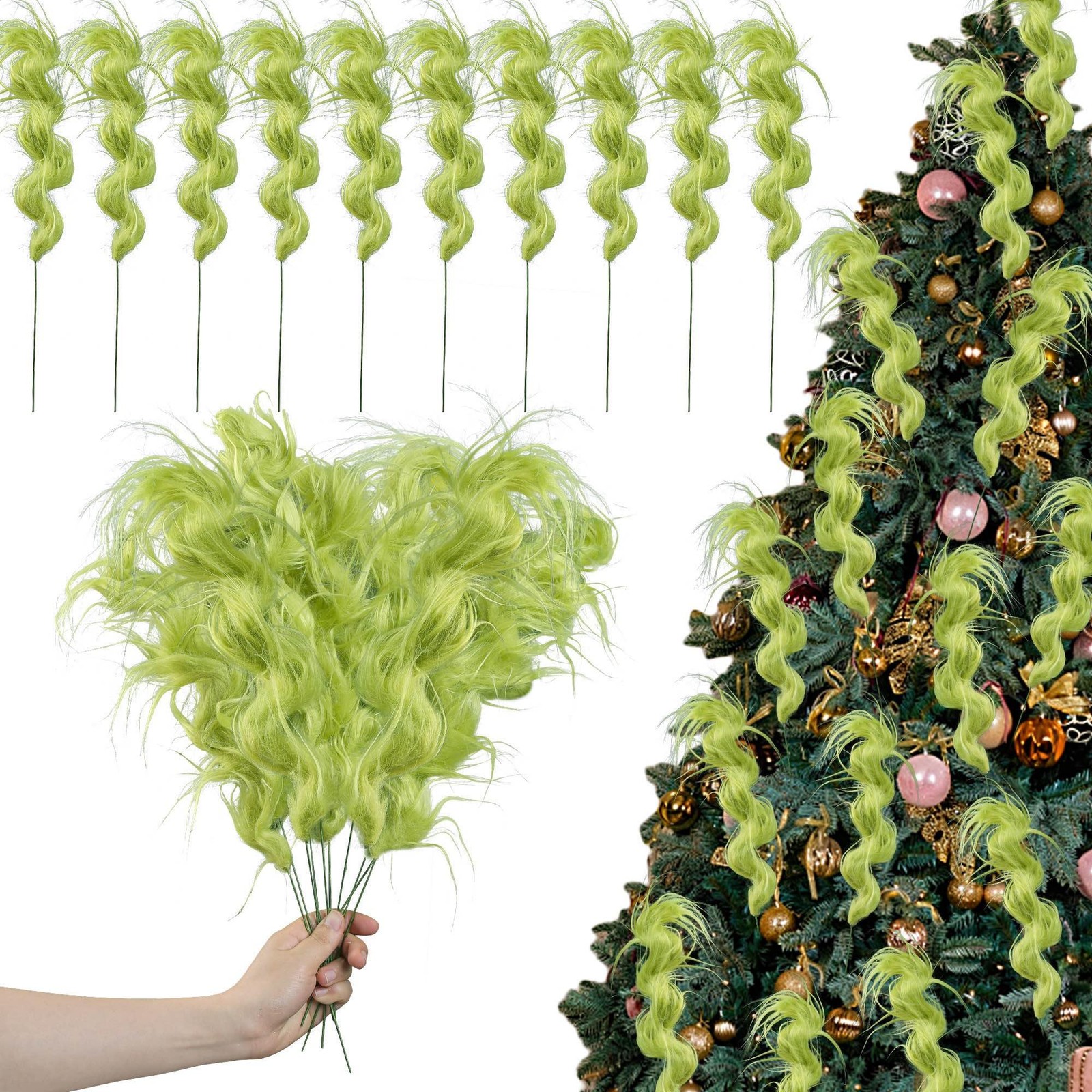 10 Pcs Christmas Tree Topper 18’’ Lime Green Furry Tree Picks Furry Spiral Cu…