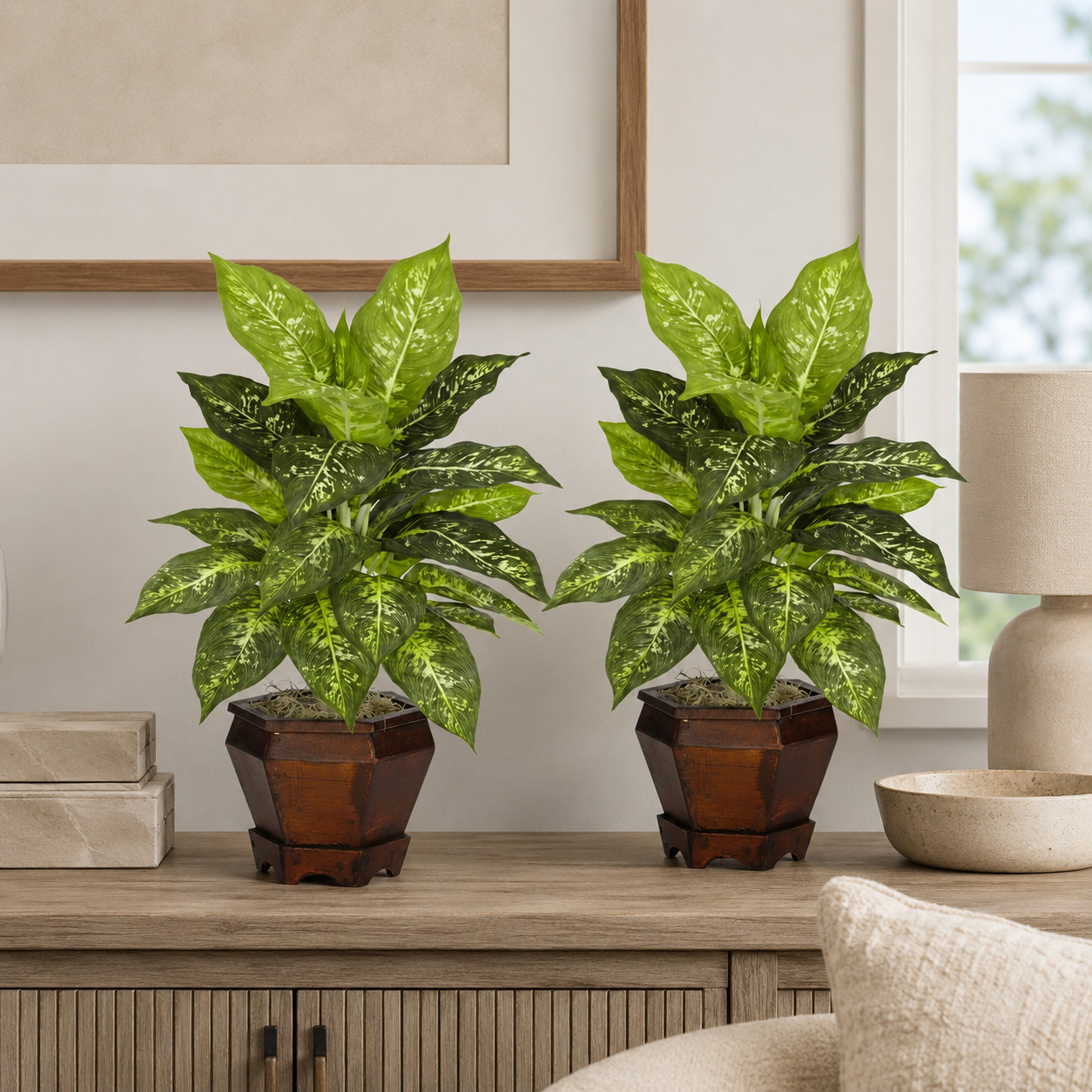 Golden Dieffenbachia w/Wood Vase Silk Plant Variegated
