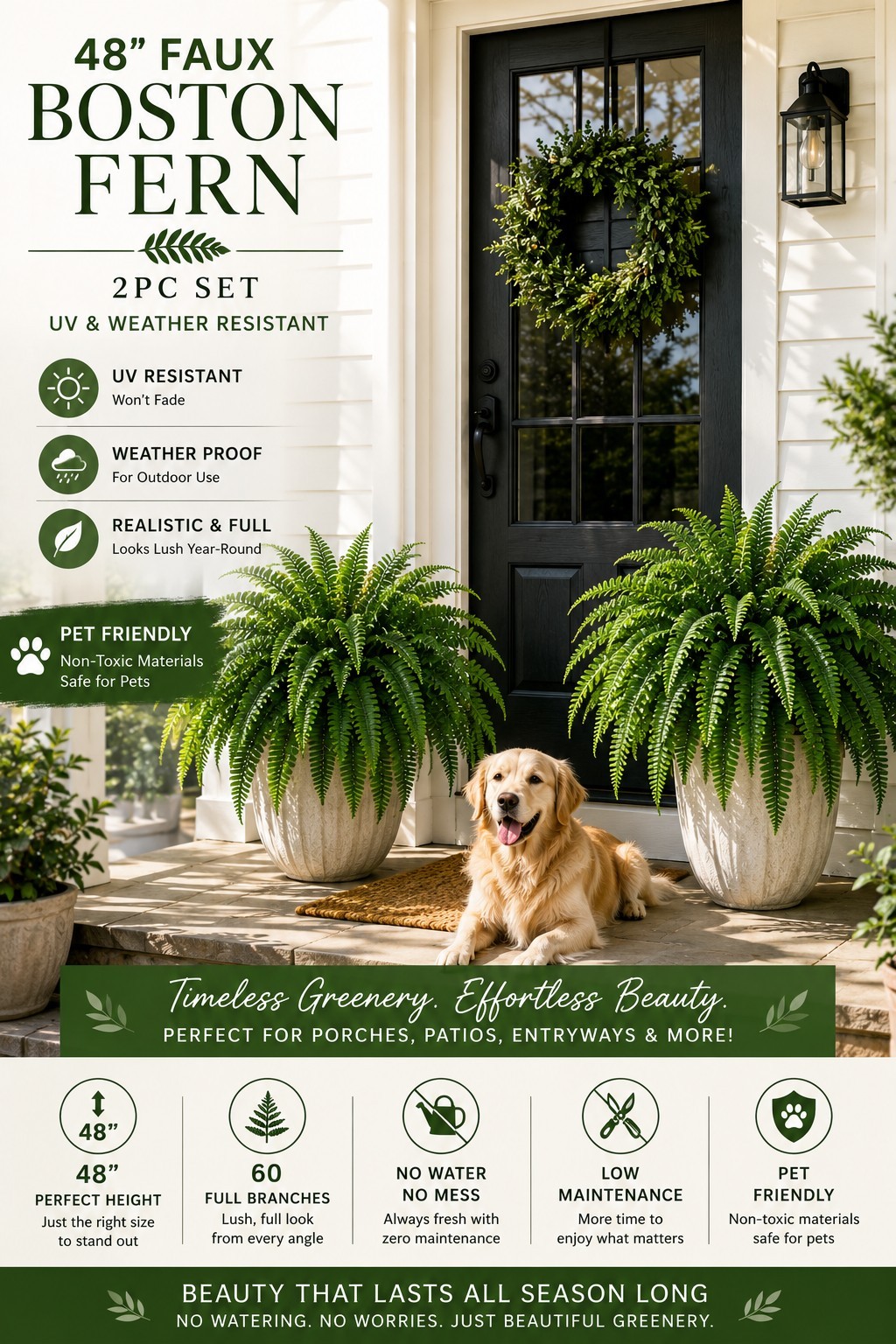 Nearly Natural 6051S2 Boston Fern Houseplant – Green (2 Piece)