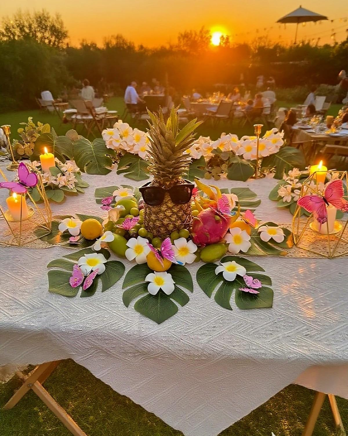 72Pcs Hawaiian Party Decor Set (Artificial Plumeria Flowers, Monstera Leaves, Bu