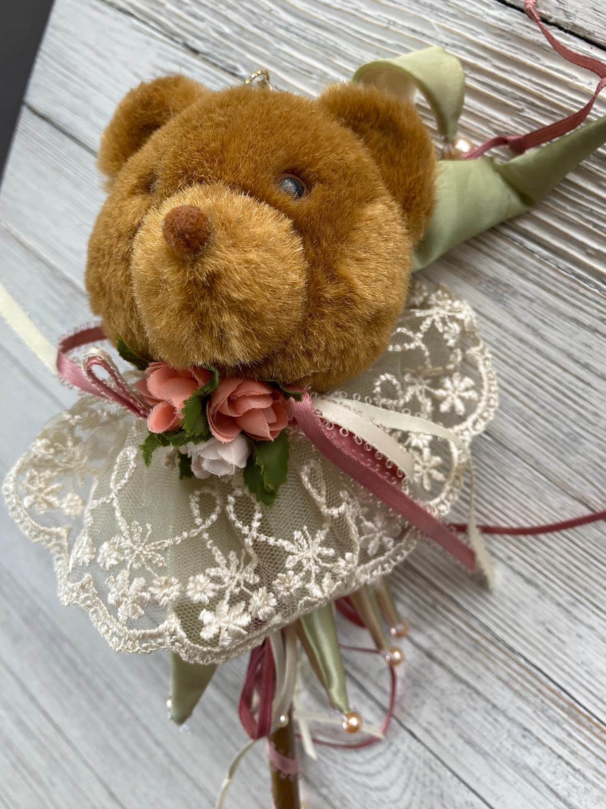 Fancy Teddy Bear with Ribbons, Lace, Flowers on a Stick ~ Unique Wall Decor
