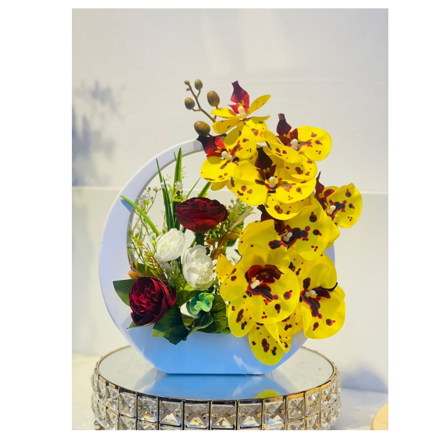 Artificial Phalaenopsis Latex Orchid Flowers Arrangement with White Purple Vase