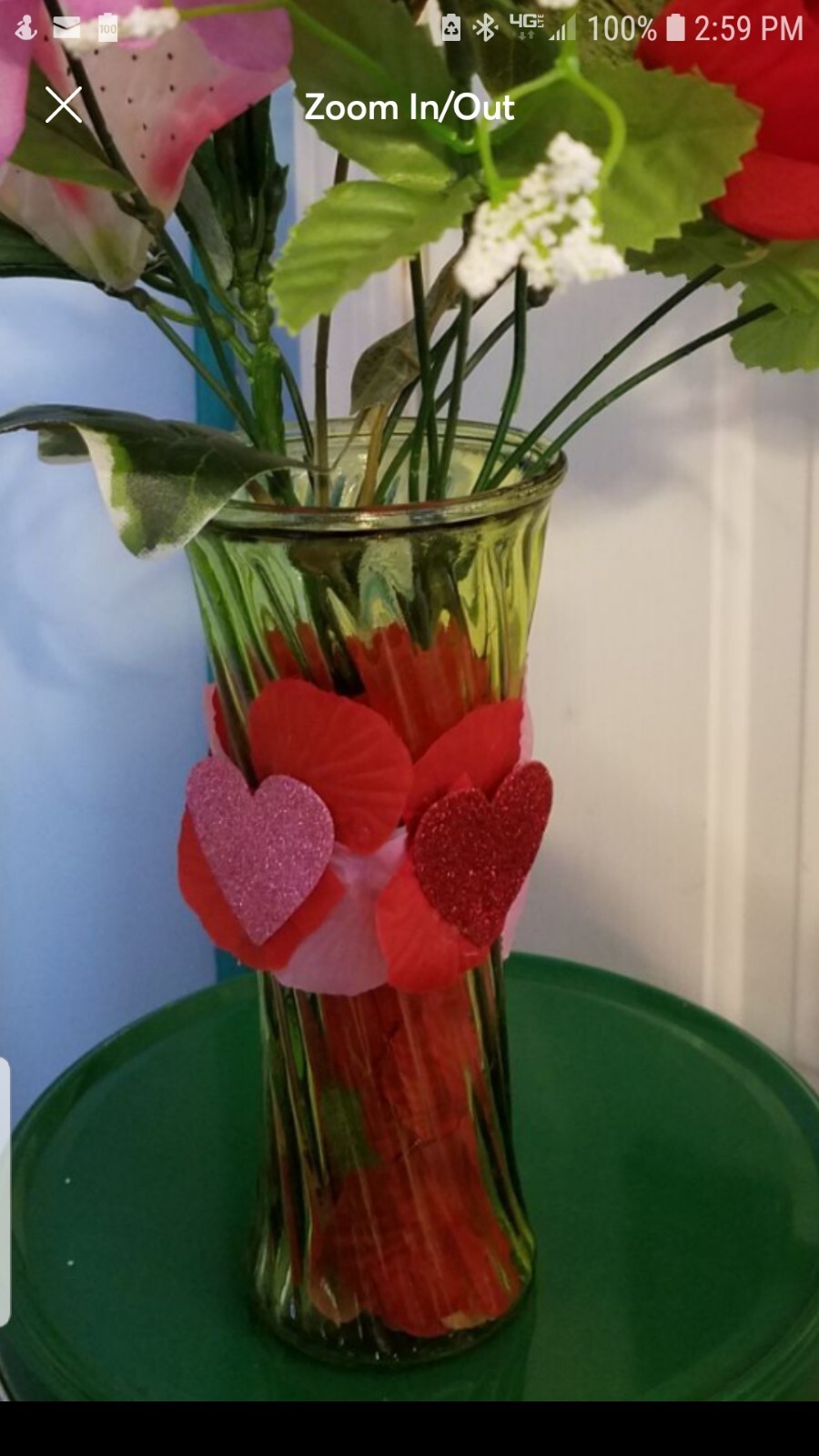 Beautiful green’ish unique glass vase with silk fabric flowers Please go to my