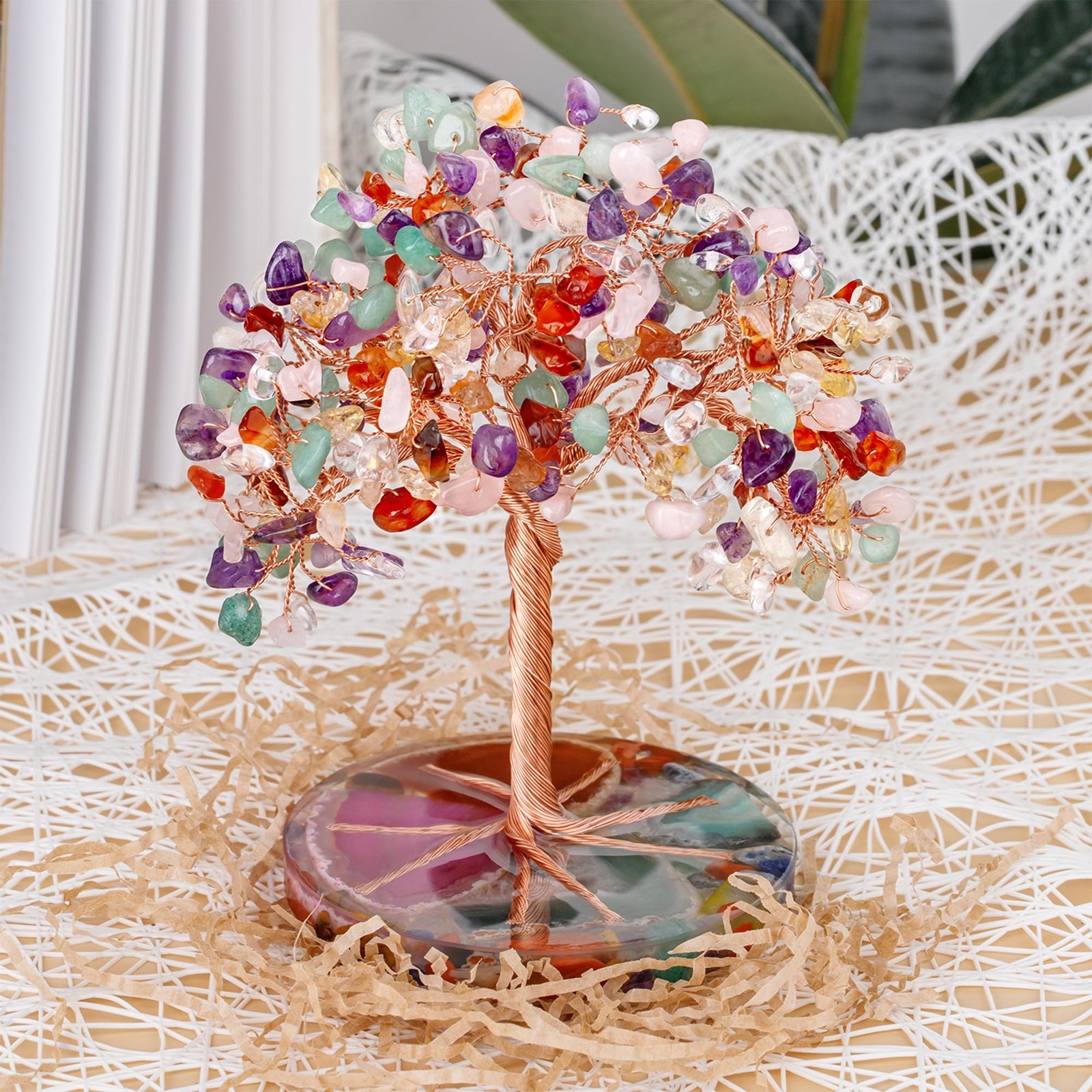 7 Chakra Healing Crystals Stones Tree with Agate Slice Base Feng Shui Decor