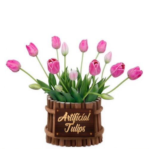 15PCS 15.75″ Artificial Tulips, Premium Latex Natural Feel 15pcs Deep Pink
